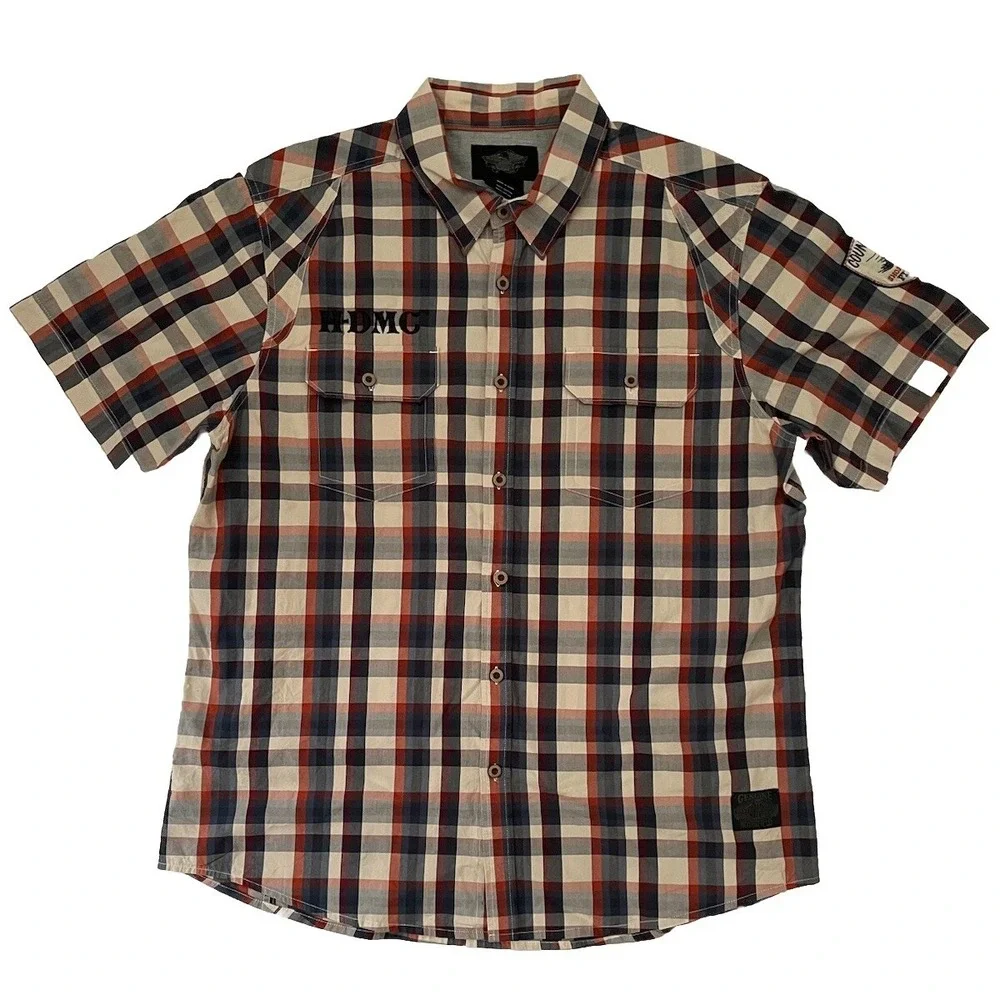 Harley Davidson Motorcycle Patch Button Shirt‎ Blue Beige Plaid HDMC Men's 2XL